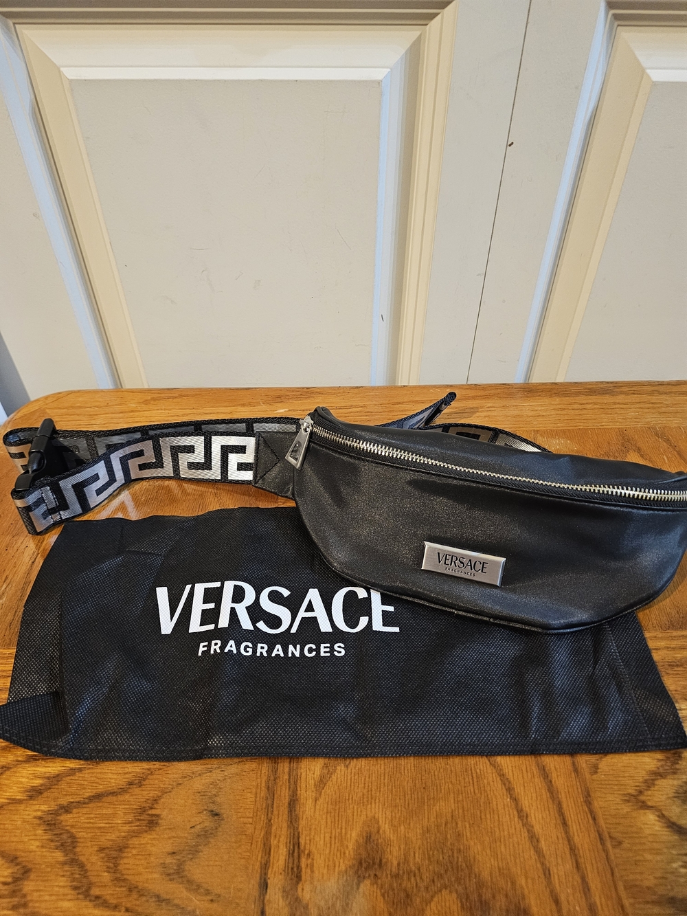 Versace Black Nylon Belt Bag with Greek Key Strap